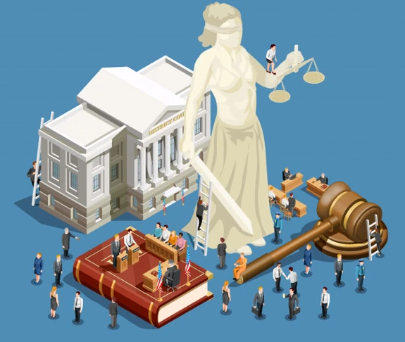 An isometric illustration of a legal system scene featuring a courthouse labeled "District Court," a large statue of Lady Justice holding scales and a sword, a judge's gavel, a law book turned into a courtroom, and numerous miniature people representing lawyers, judges, and civilians interacting around the scene.