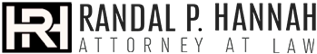 Logo for Randal P. Hannah, Attorney at Law. The design features a stylized monogram "RH" inside a black rectangle, followed by the name "Randal P. Hannah" in bold uppercase letters, with "Attorney at Law" written below in lighter, spaced-out capital letters.