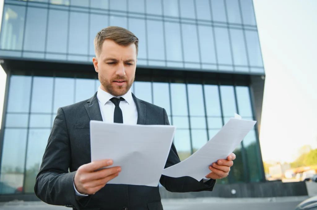 Businessman outside an office reviewing legal documents.