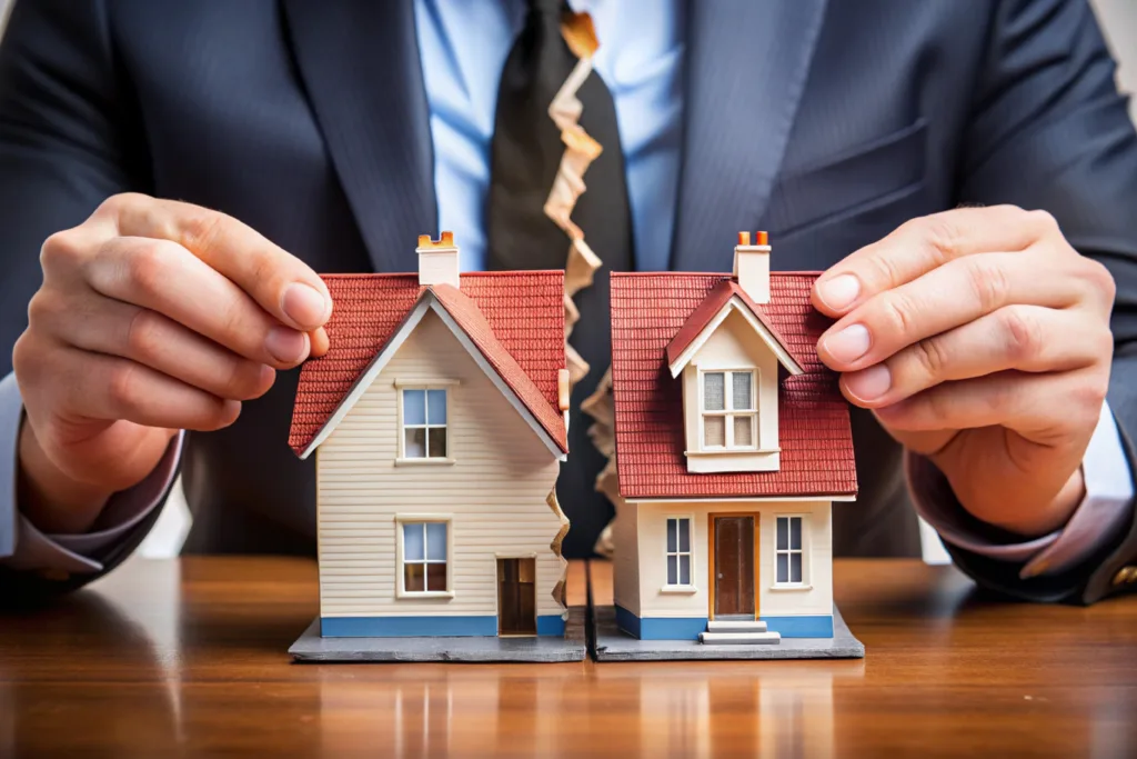 Man dividing a house model representing community property vs. separate property classification in California